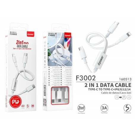 F3002 Câble 2IN1 - Blanc Type-C vers Type-C + Lightning