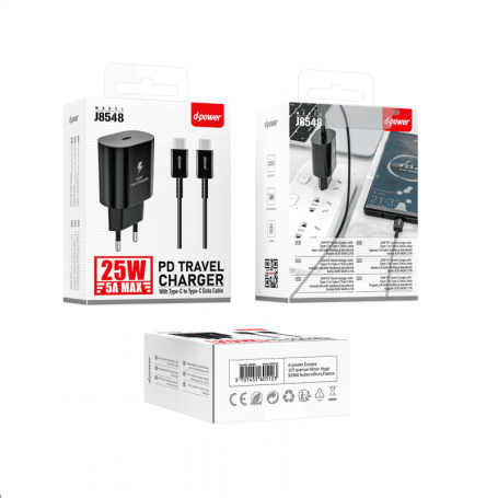 Prise PD 25W + Cable Type-C vers Type-C Noir