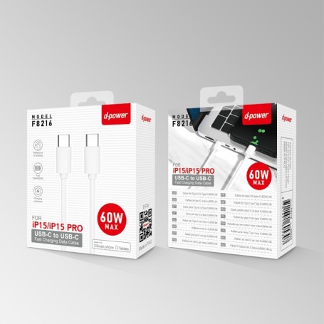 F8216 CÂBLE TPE TYPE C VERS TYPE C POUR IP 15 60W MAX 1M - BLANC